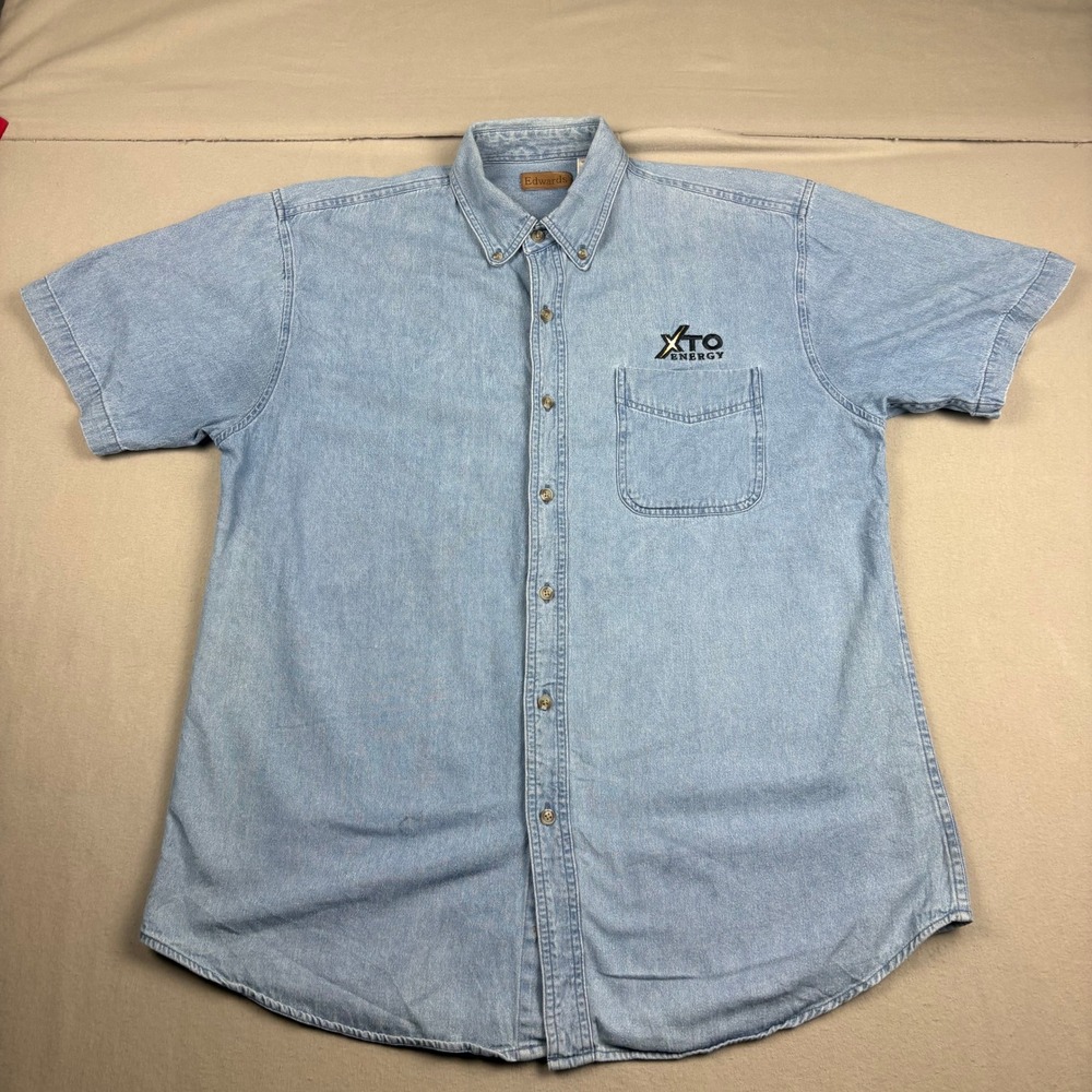 Edwards Mens Denim Button Down Shirt Light Wash Short Sleeve XTO Energy Blue M